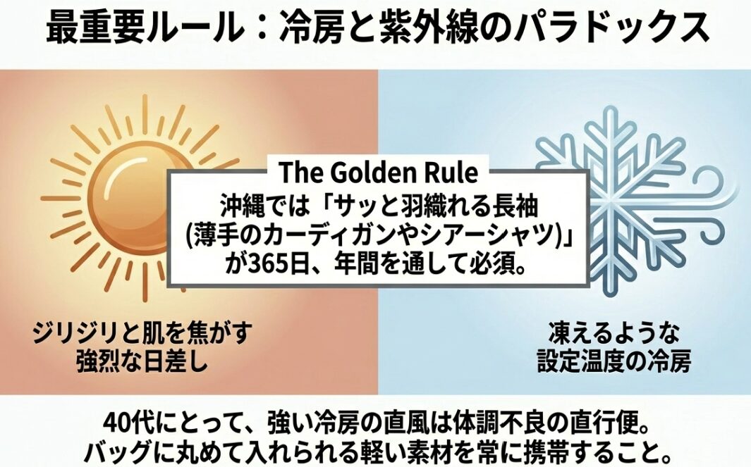 強烈な日差しと凍えるような冷房対策の最重要ルール。薄手の長袖カーディガンやシアーシャツを年間通して携帯する。