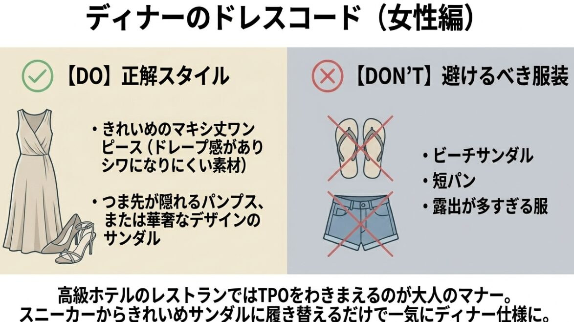 高級ホテルレストランでの女性の正解スタイル。マキシ丈ワンピースやきれいめサンダルと、避けるべきNG服装。