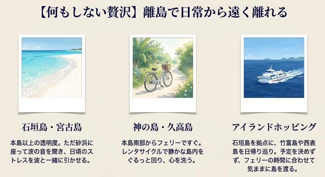 何もしない贅沢 。石垣島・宮古島、神の島・久高島、アイランドホッピングで離島を満喫 。