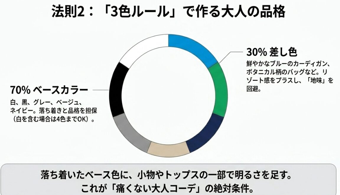 大人の品格を作る3色ルール。ベースカラー70%、差し色30%の割合でコーディネートをまとめるコツ。