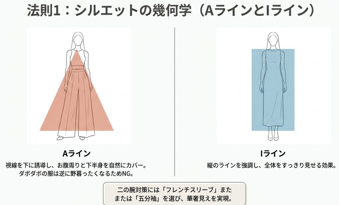 体型カバーに効果的なシルエットの法則。下半身をカバーするAラインと、縦のラインを強調するIライン。