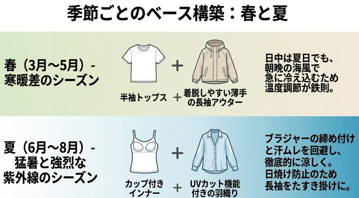 春と夏の沖縄旅行ファッションのベース構築。春の寒暖差対策の重ね着と、夏の涼しさと日焼け対策の両立。