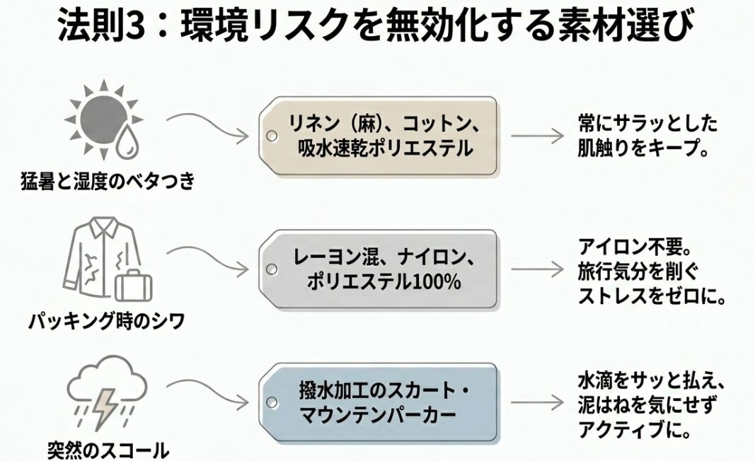 沖縄の気候に対応する素材選びの法則。吸水速乾ポリエステル、防シワ素材、撥水加工アイテムの活用。