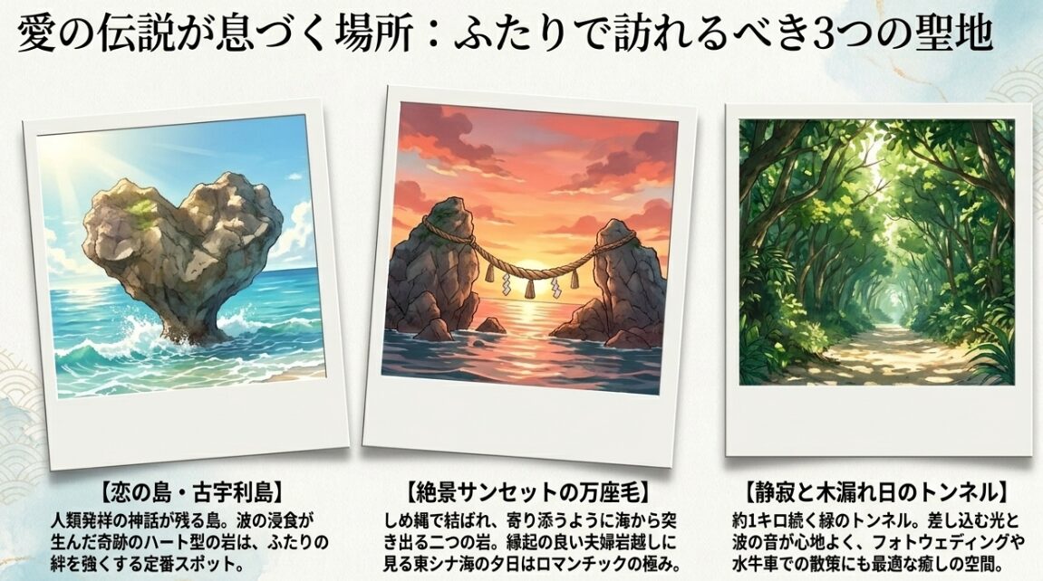 恋の島・古宇利島、絶景サンセットの万座毛、静寂と木漏れ日のトンネル・備瀬のフクギ並木のポラロイド風画像