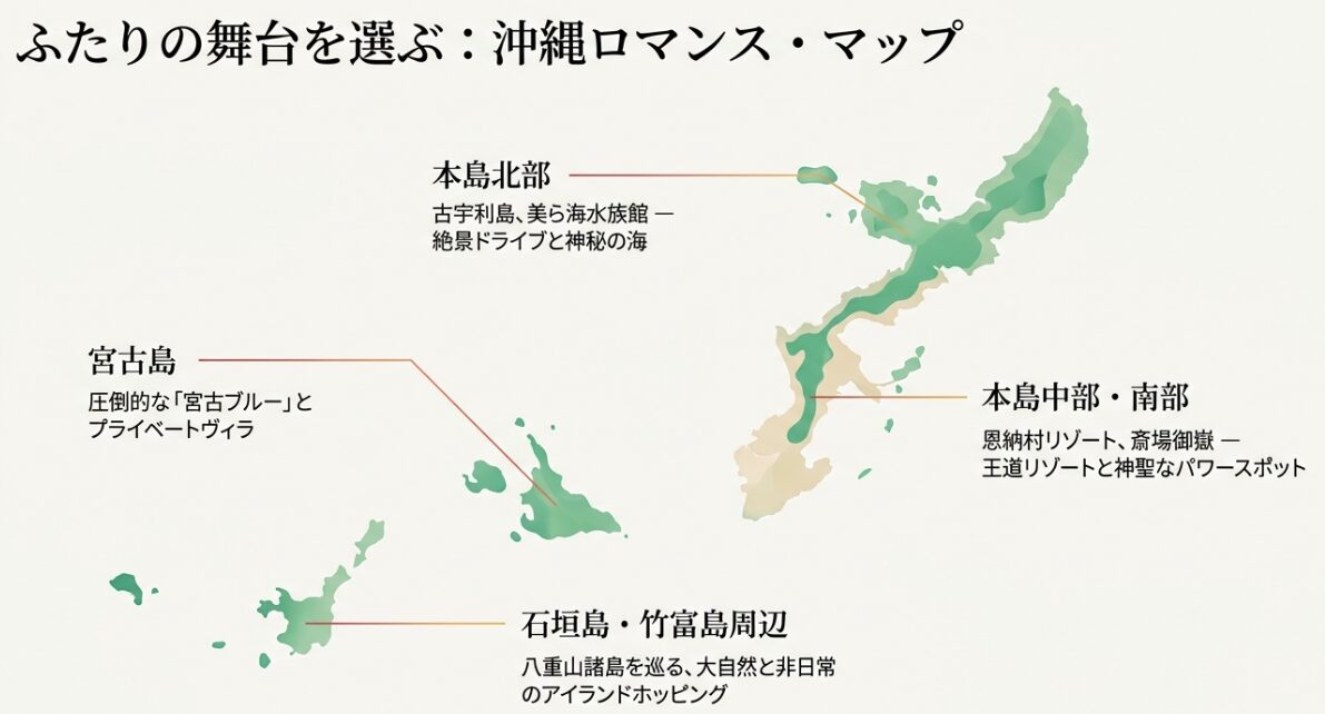 沖縄本島北部、中部・南部、宮古島、石垣島・竹富島周辺のロマンス・マップ