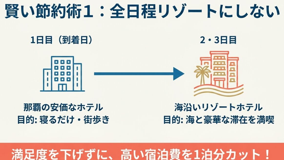 沖縄旅行の宿泊費を抑えるホテル分割術スライド