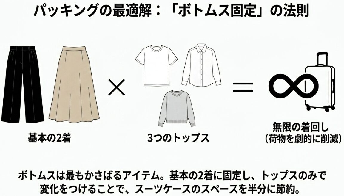 荷物を減らすパッキングの法則。かさばるボトムスを基本の2着に固定し、3つのトップスで着回す方法。