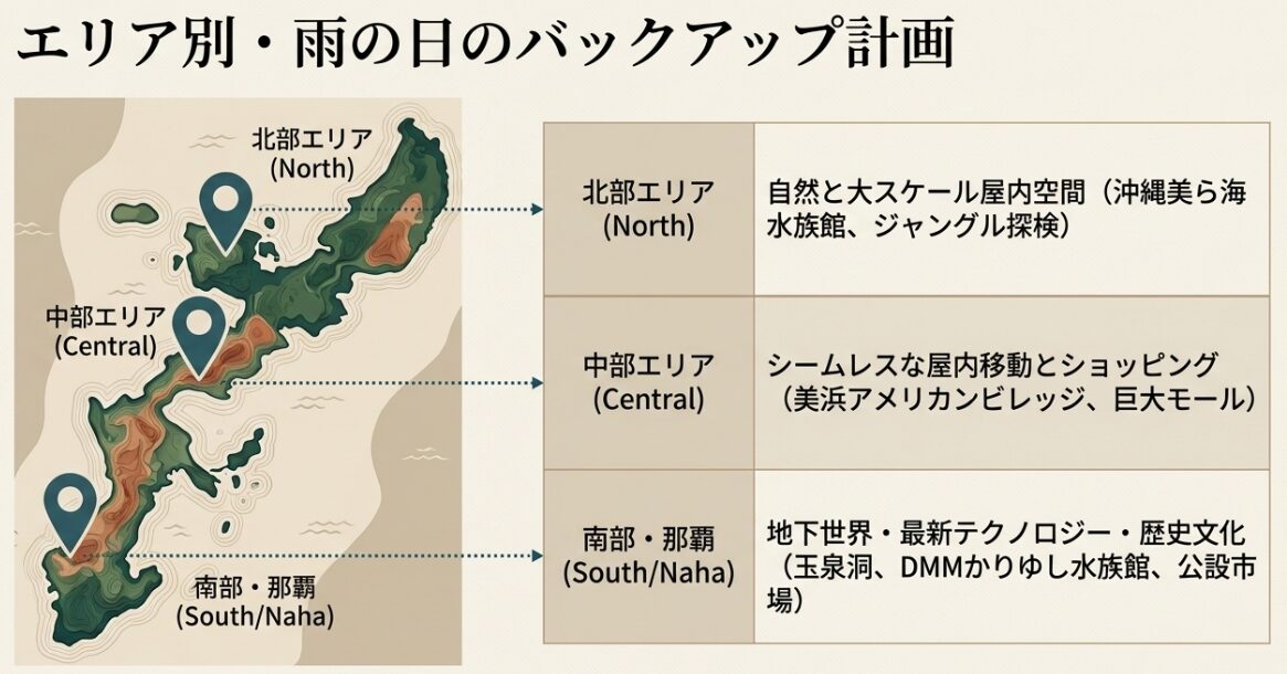 北部、中部、南部・那覇に分けた、沖縄のエリア別雨の日観光バックアップ計画マップ
