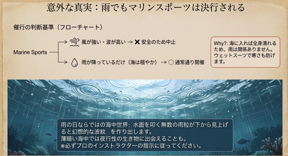 雨が降っていても風や波が穏やかならマリンスポーツは決行されるという真実と、雨の日ならではの海中世界