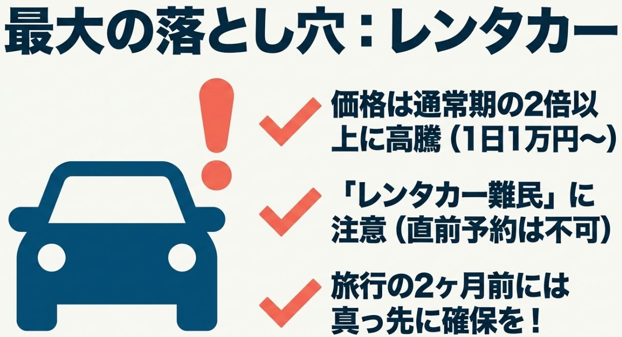 沖縄夏休みのレンタカー高騰と早期予約注意喚起スライド