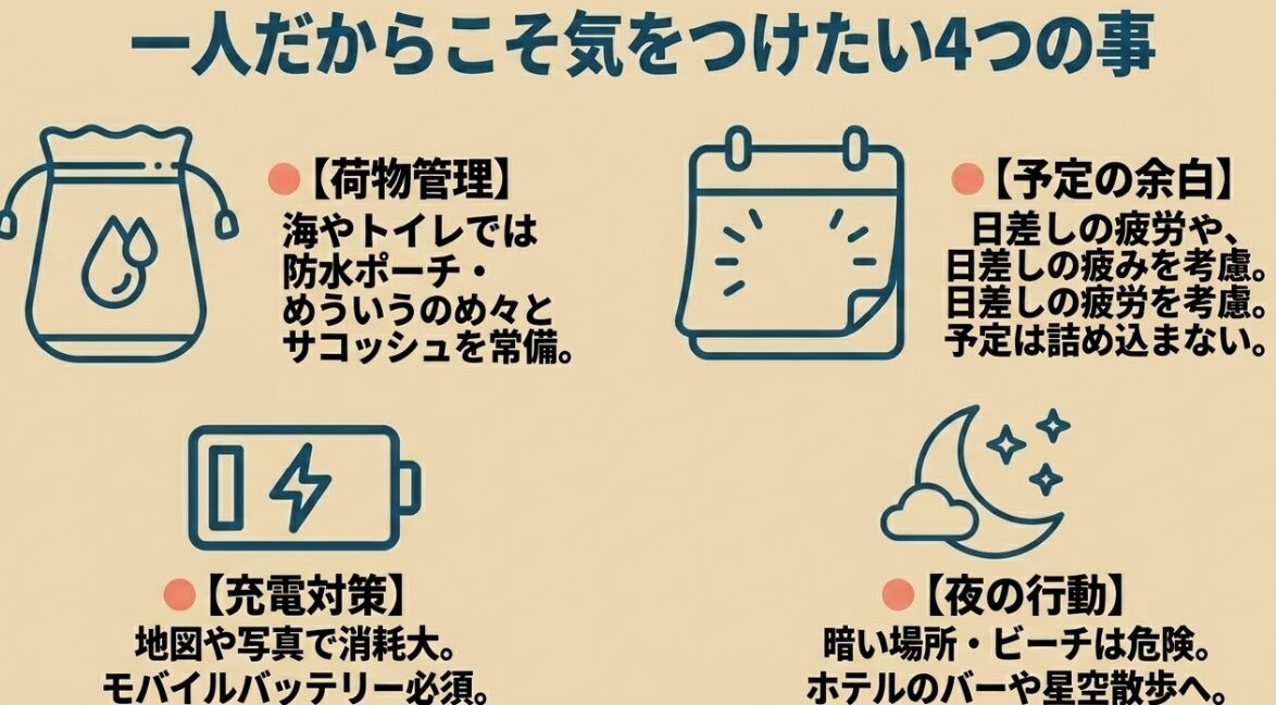 一人旅だからこそ気をつけたい4つの事（荷物管理、予定の余白、充電対策、夜の行動）