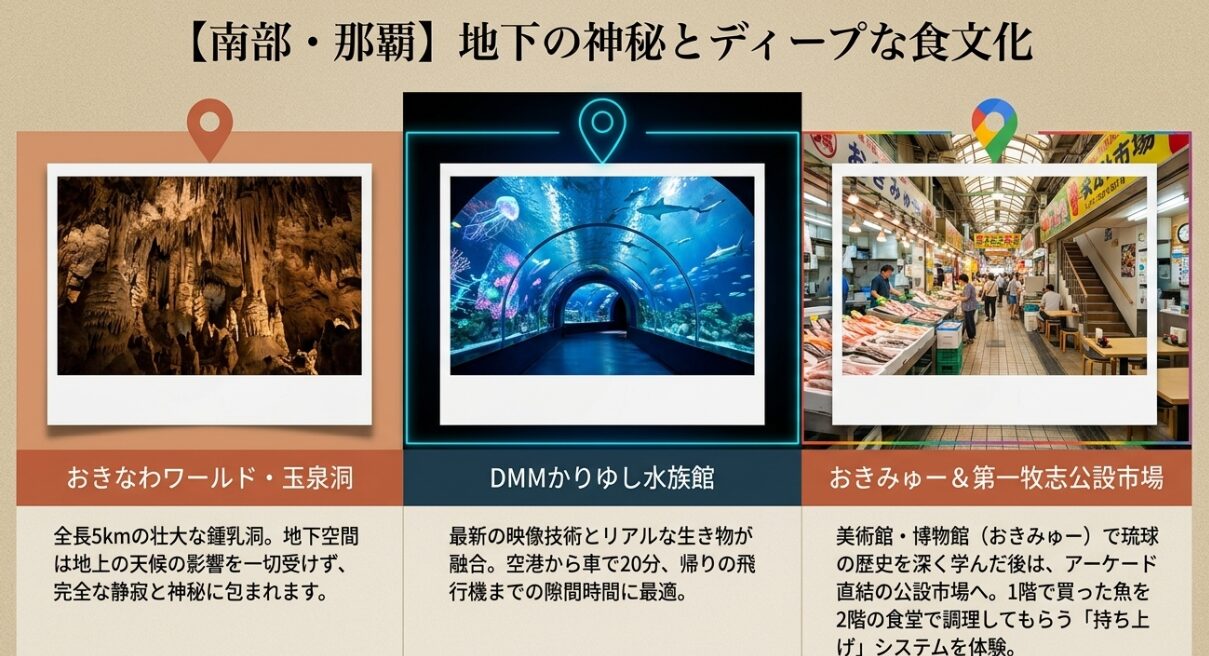 おきなわワールドの玉泉洞、DMMかりゆし水族館、第一牧志公設市場など、南部・那覇エリアの屋内観光スポット