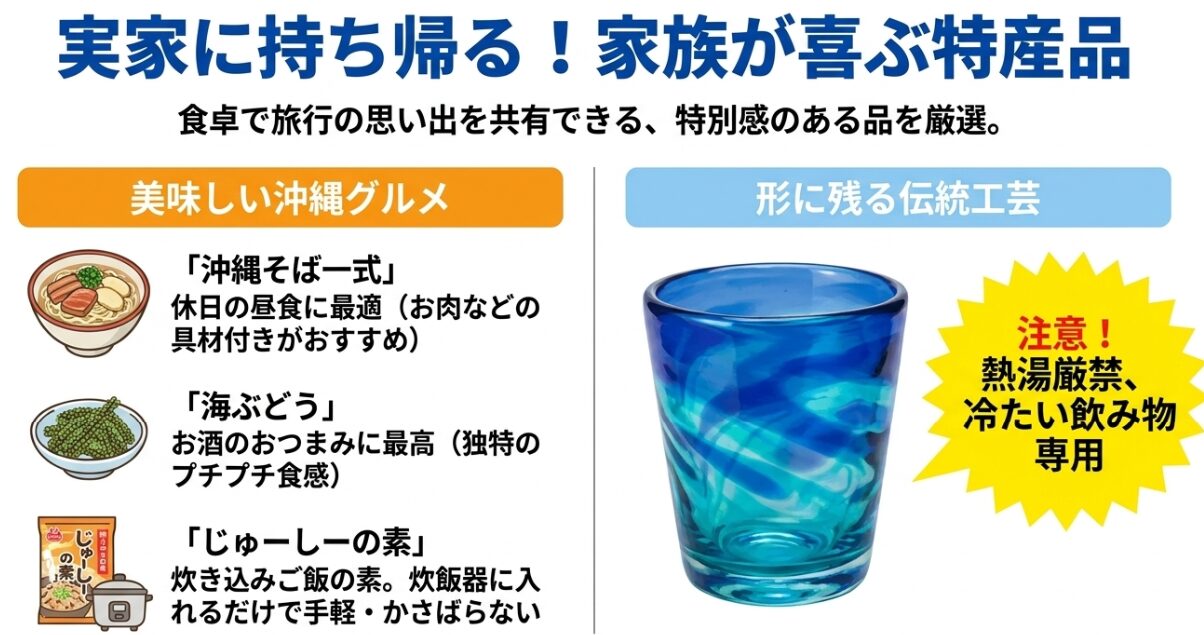 家族向けにおすすめの沖縄特産品。沖縄そばセット、海ぶどう、じゅーしーの素、琉球ガラスのグラスの特徴と注意点。