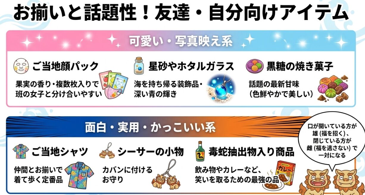 友達や自分向けの沖縄お土産まとめ。ご当地顔パック、お揃いTシャツ、星砂やホタルガラス、シーサーの小物、黒糖カヌレ、ハブ商品の紹介。