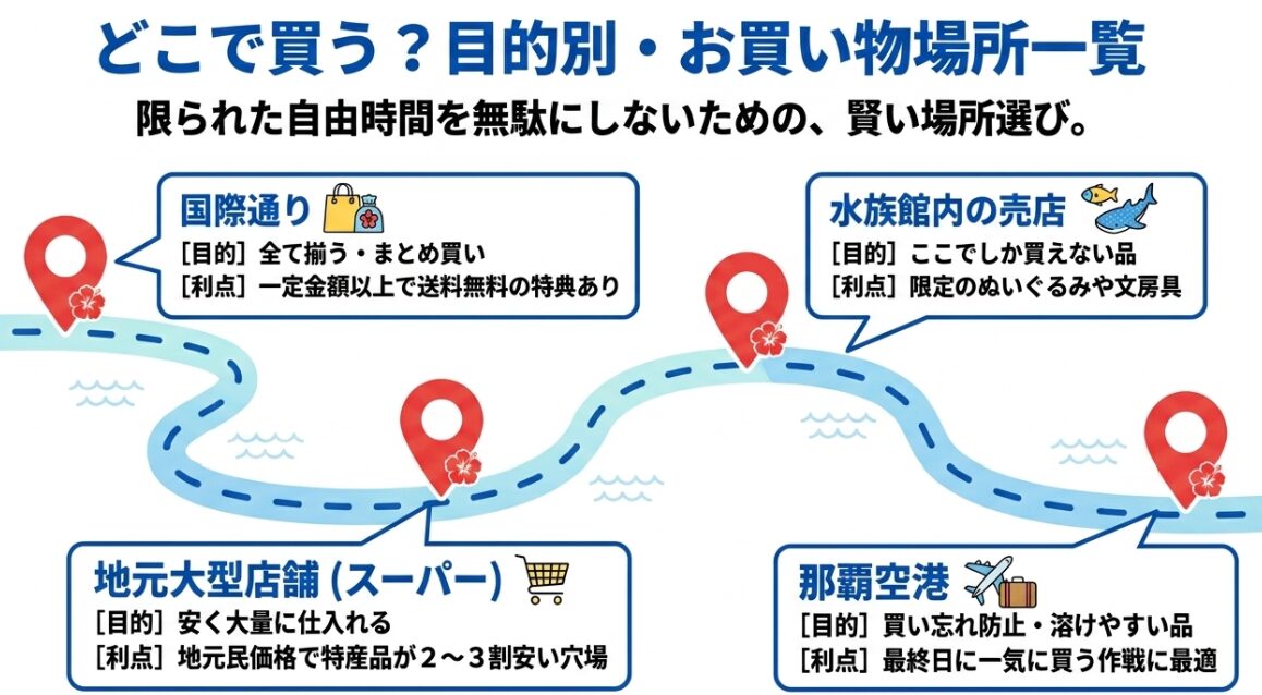 沖縄お土産の目的別購入場所一覧マップ。国際通り、水族館内の売店、地元の大型スーパー、那覇空港のそれぞれの目的とメリット。