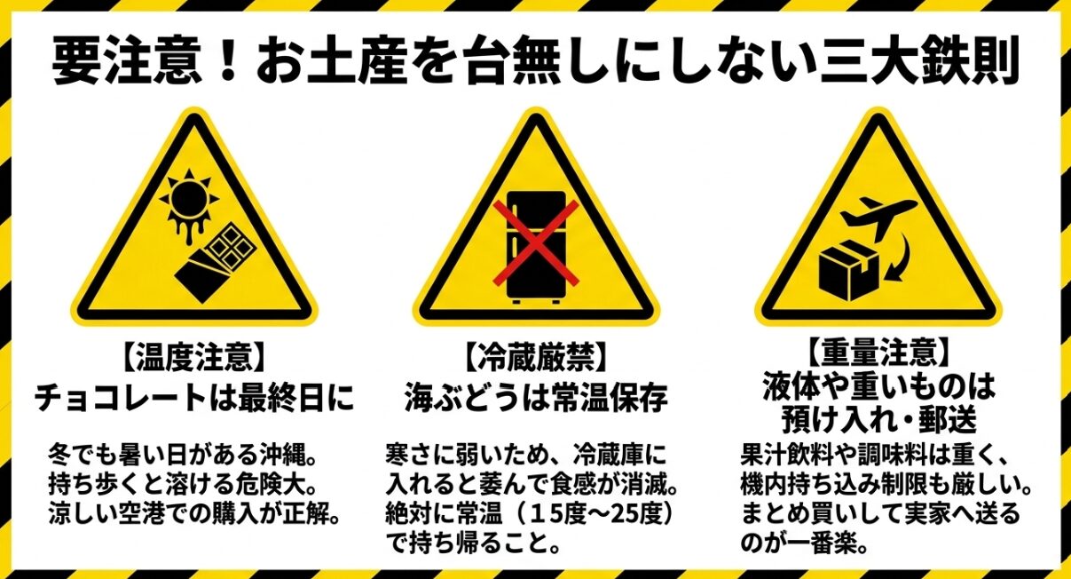 沖縄お土産を台無しにしないための三大鉄則。チョコレートの温度注意、海ぶどうの冷蔵厳禁、液体や重いものの重量注意の図解。