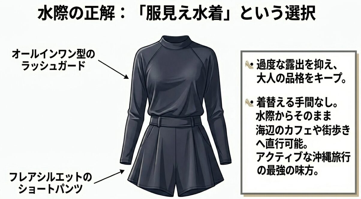40代におすすめの水際の正解スタイル。露出を抑えつつそのまま街歩きもできる「服見え水着」のメリット。