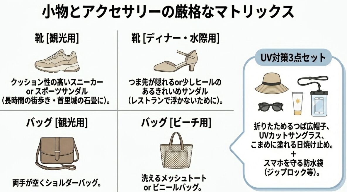 旅行に最適な小物とアクセサリーの選び方。観光用とディナー用の靴、用途別バッグ、UV対策3点セット。