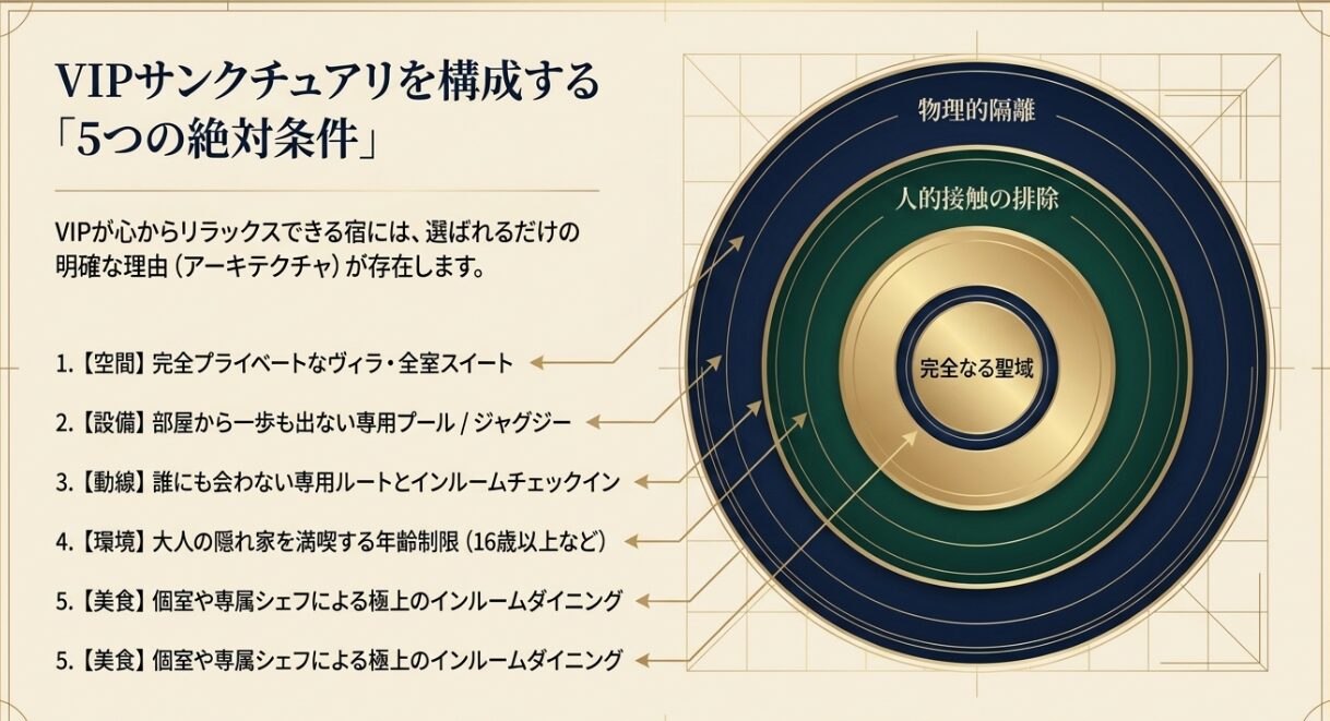 空間、設備、動線、環境、美食など、VIPがホテルを選ぶ際の5つの絶対条件をまとめたスライド