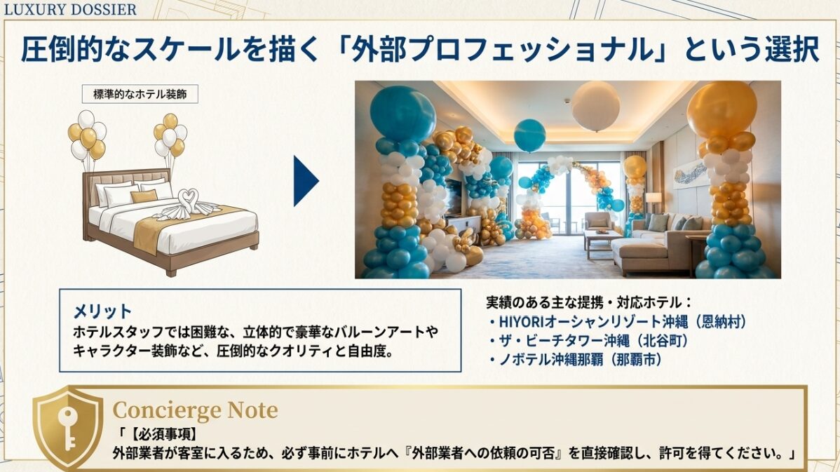 外部のバルーン専門業者を利用した立体的で豪華な装飾事例と、出張装飾に対応・実績のある主な沖縄のホテル一覧。