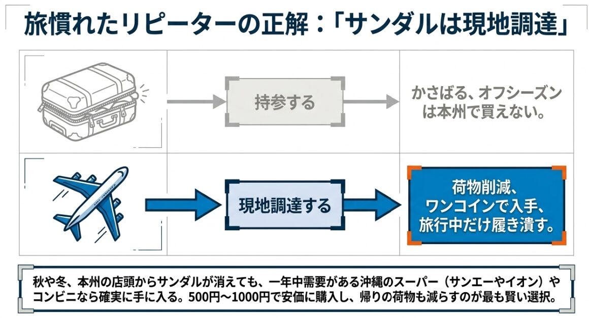サンダルを持参する場合と現地調達する場合のメリットを比較し、現地調達を推奨する図解