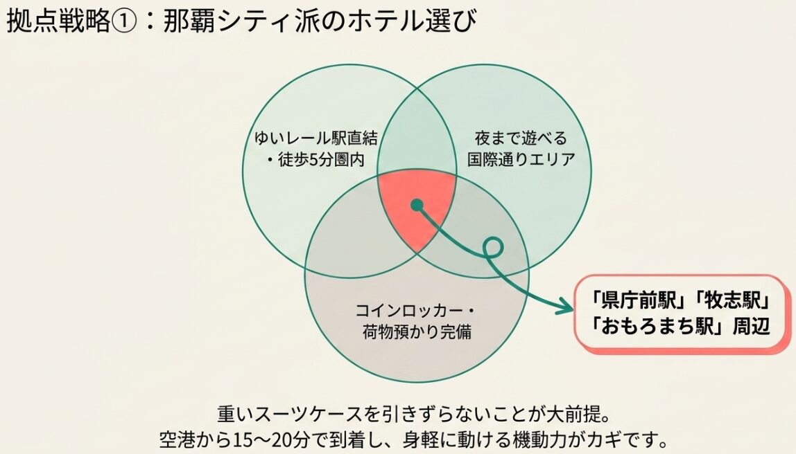ゆいレール駅直結・徒歩5分圏内、夜まで遊べる国際通りエリア、コインロッカー完備の条件を満たす「県庁前駅」「牧志駅」「おもろまち駅」周辺を示すベン図。