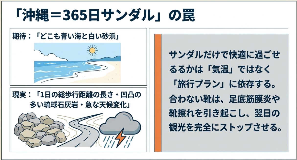 凹凸の多い岩場や悪天候など「沖縄=365日サンダル」の罠について解説した画像