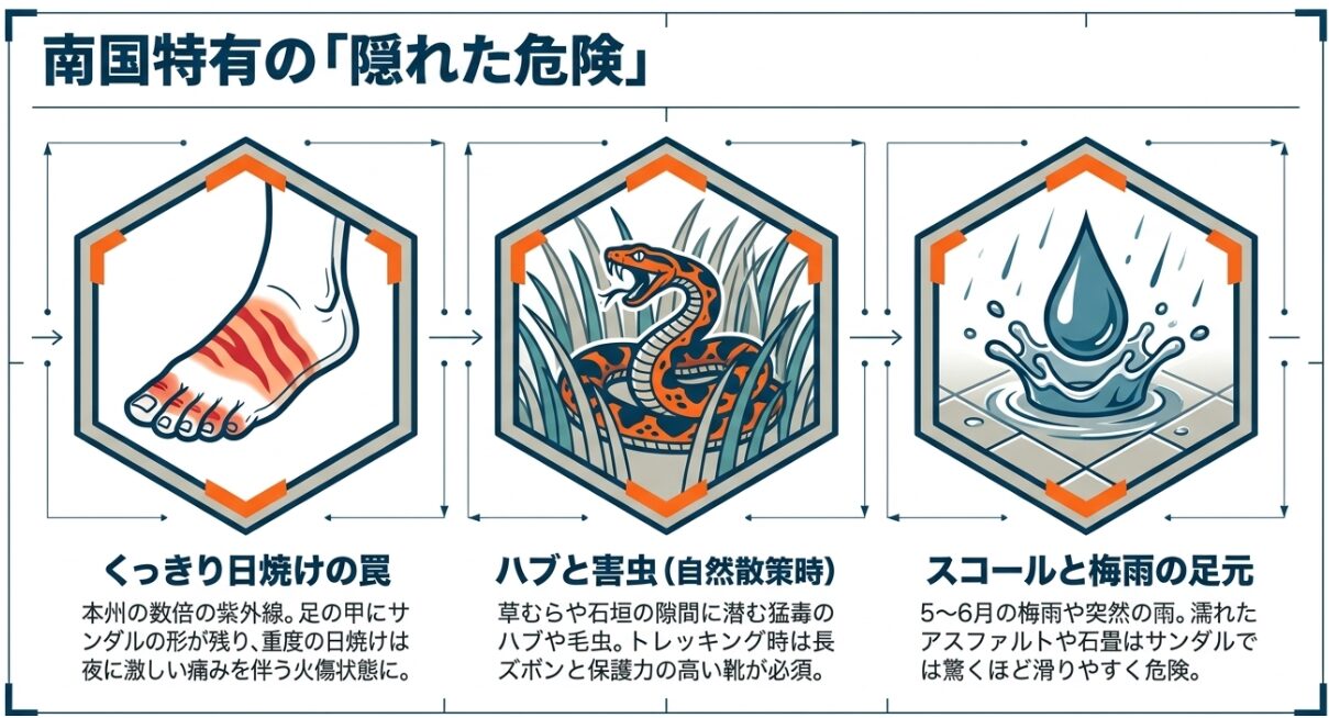 足の甲の日焼け、ハブなどの害虫、スコールによる滑りやすさなど、南国特有の隠れた危険を表すイラスト