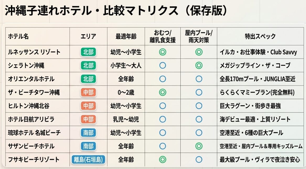 沖縄子連れホテル比較マトリクス（エリア・最適年齢・おむつ支援・屋内プール）