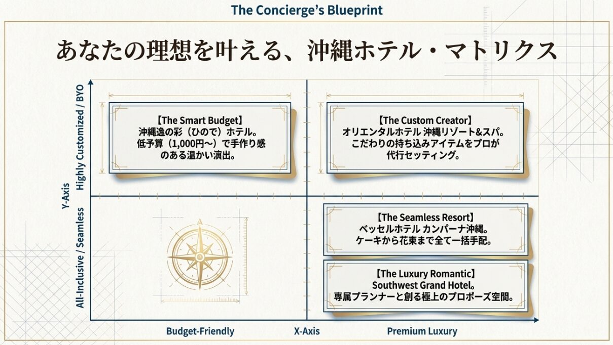 予算（コスパからラグジュアリー）と手配方法（お任せから持ち込み）に合わせた沖縄ホテル選びのマトリクス図。