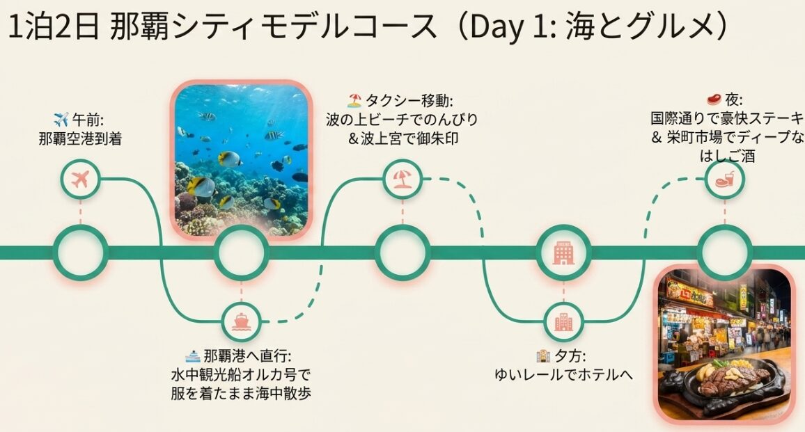 那覇空港到着から水中観光船、波の上ビーチ、夜の国際通りとはしご酒までを楽しむ1泊2日モデルコース1日目のタイムライン。