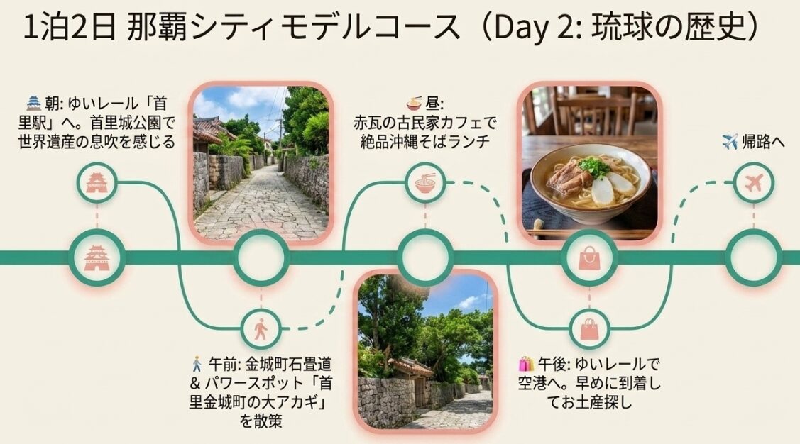 首里城公園、金城町石畳道、古民家カフェでのランチから帰路へ向かう1泊2日モデルコース2日目のタイムライン。