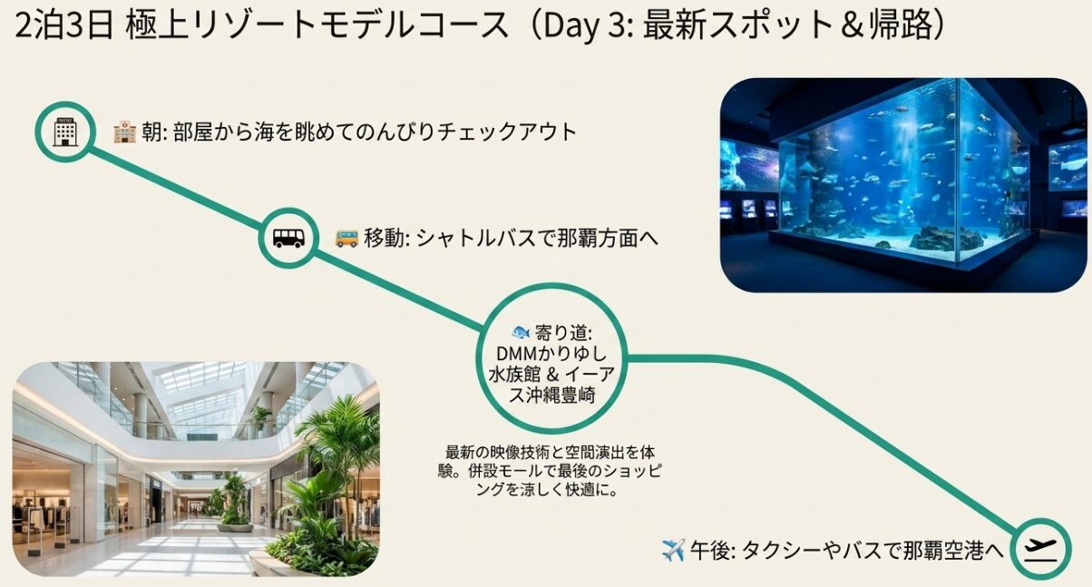 ホテルをチェックアウト後、DMMかりゆし水族館とイーアス沖縄豊崎に立ち寄り、那覇空港へ向かう2泊3日モデルコース3日目の流れ。