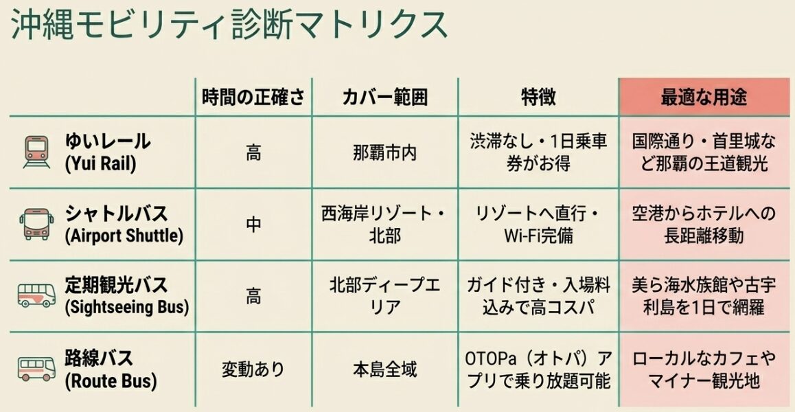 ゆいレール、シャトルバス、定期観光バス、路線バスの特徴と最適な用途をまとめた沖縄モビリティ診断マトリクスの表。