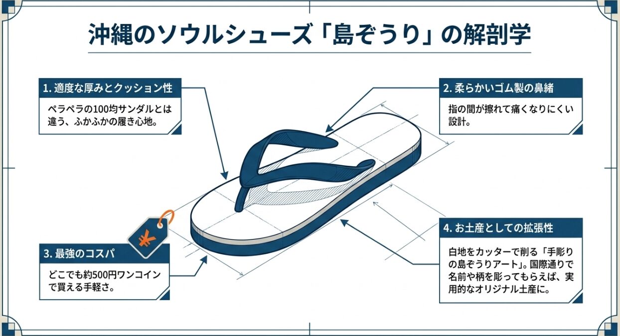 適度な厚み、柔らかい鼻緒、安さ、お土産への拡張性など、島ぞうりの特徴を解説した図