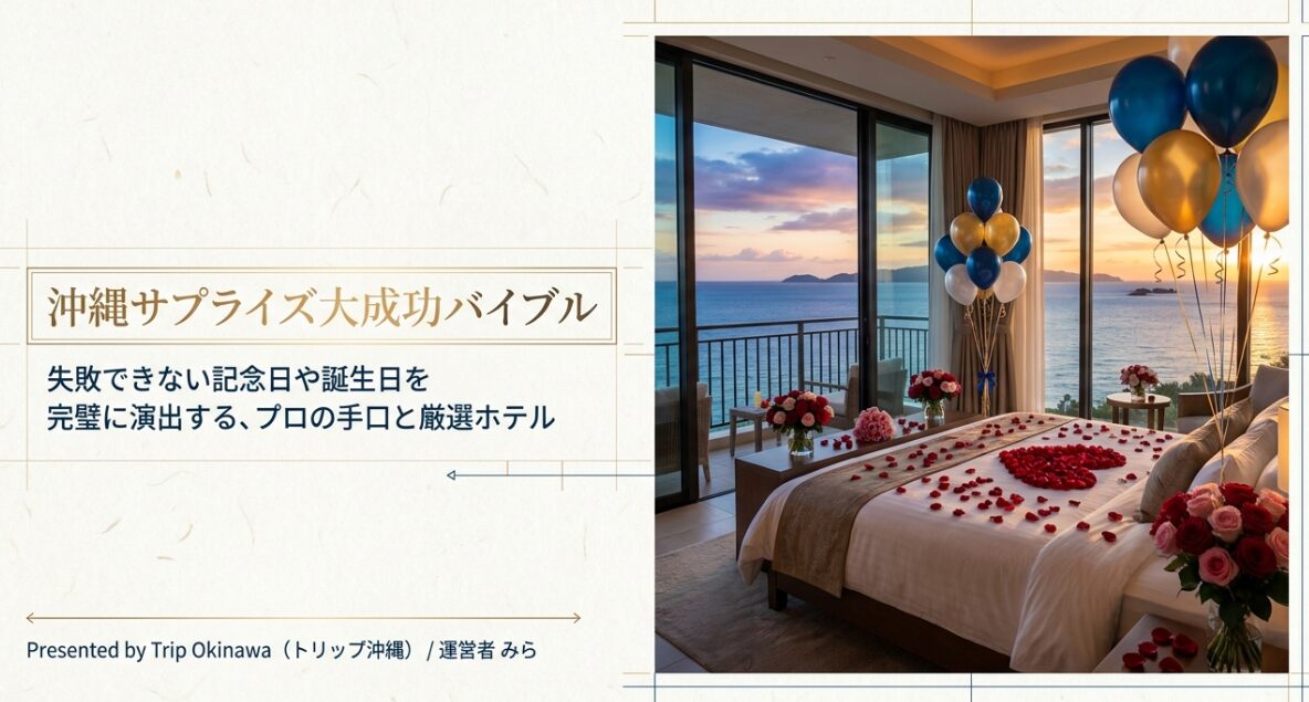 沖縄サプライズ大成功バイブルの表紙画像。失敗できない記念日や誕生日を完璧に演出するプロの手口と厳選ホテル。