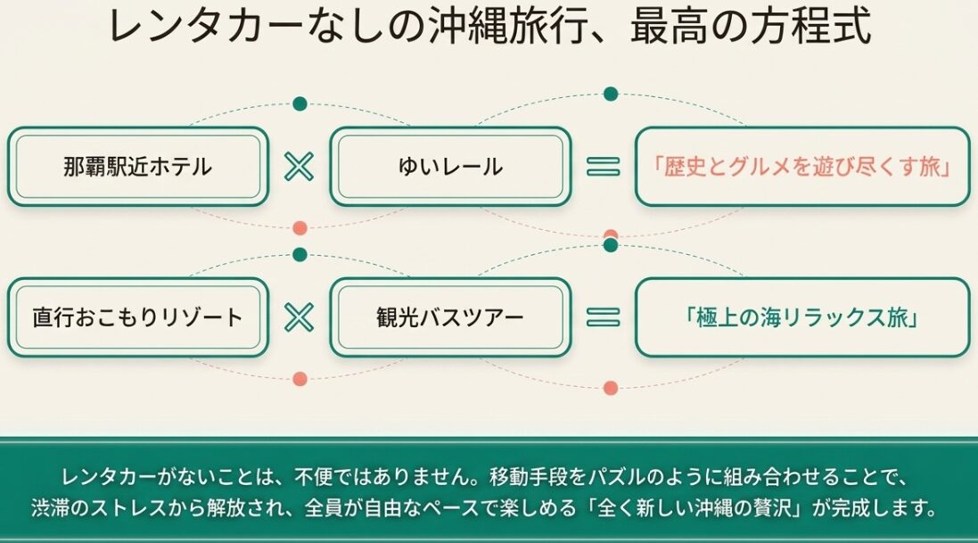 那覇駅近ホテル×ゆいレールで歴史とグルメを遊び尽くす旅、直行おこもりリゾート×観光バスツアーで極上の海リラックス旅になるという、沖縄旅行の方程式。