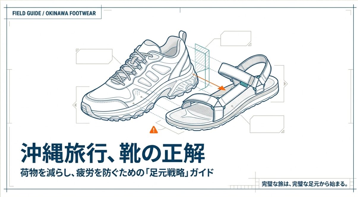 スニーカーとサンダルが描かれた「沖縄旅行、靴の正解」のタイトル画像