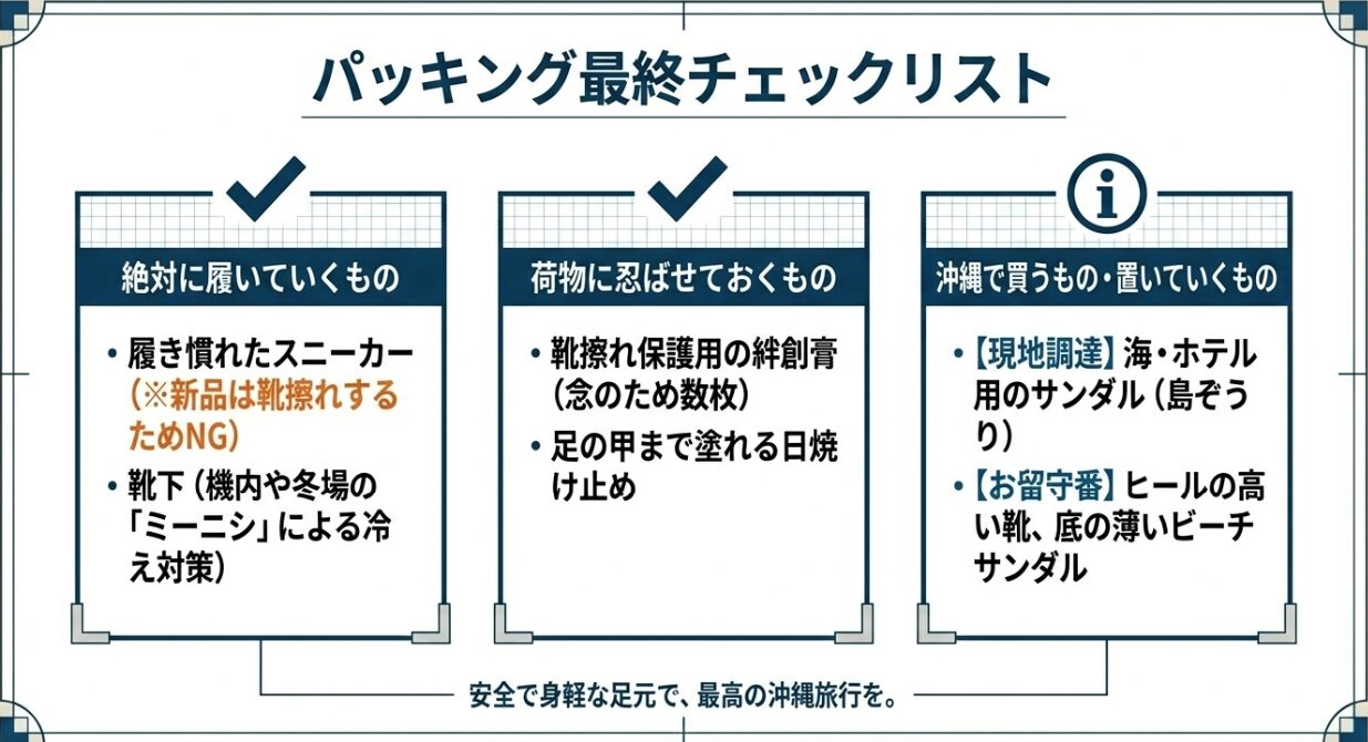 スニーカー、靴下、絆創膏など、沖縄旅行における靴関連のパッキング最終チェックリスト