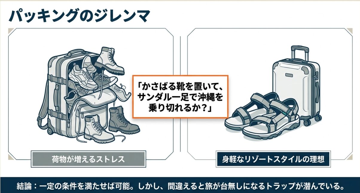 スーツケースとサンダルが描かれた、荷物が増えるストレスを表すイラスト