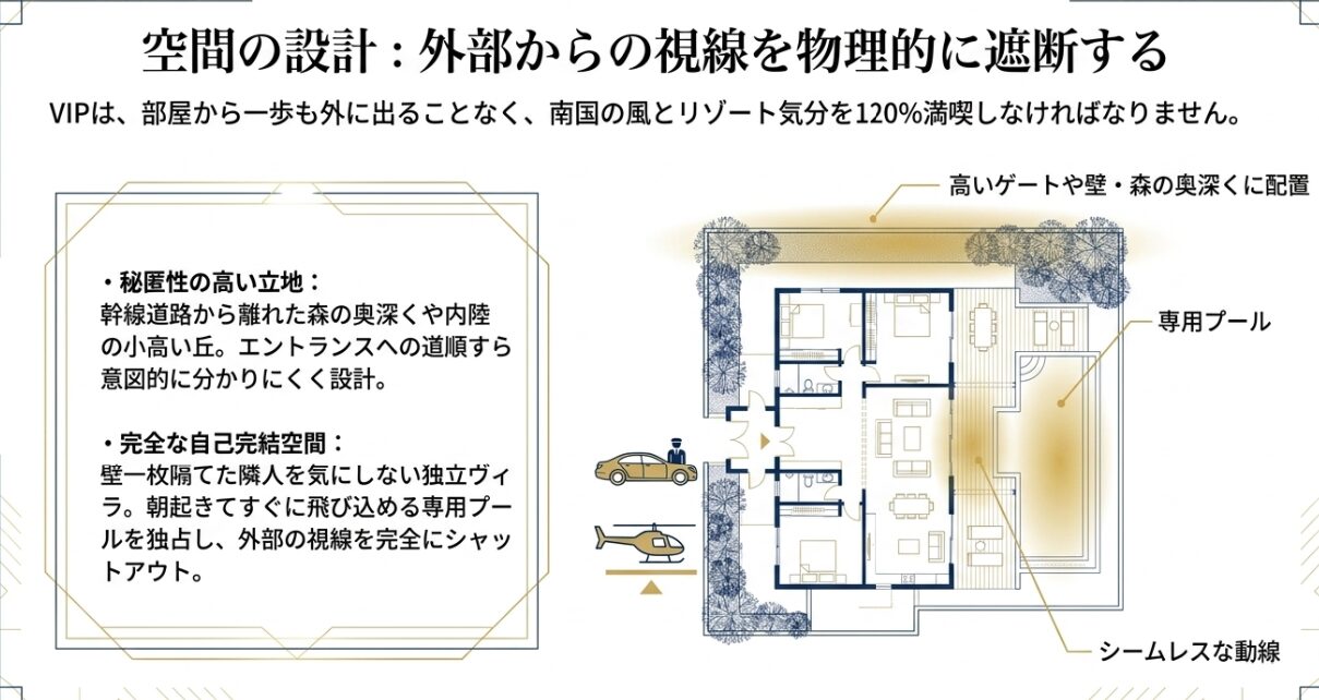 プライベートプールの間取り図と、外部からの視線を物理的に遮断する空間設計の解説スライド