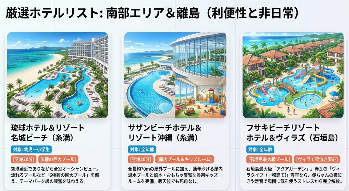 南部エリアと離島の厳選ホテルリスト（琉球ホテル名城ビーチ、サザンビーチホテル、フサキビーチリゾート）