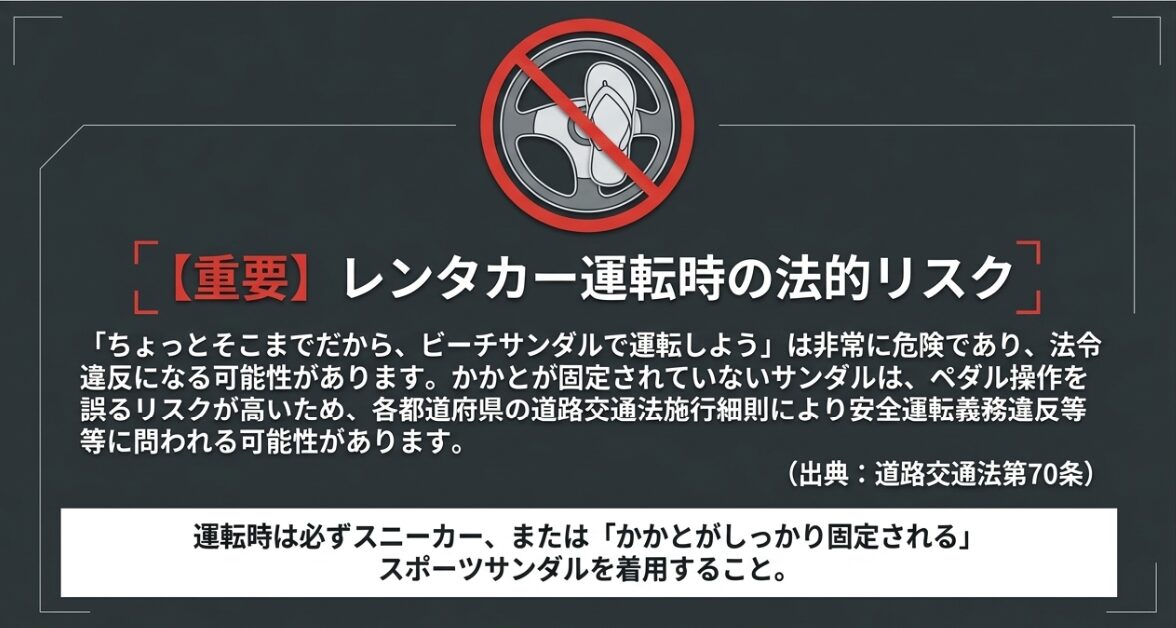 ビーチサンダルでの運転が危険であり、法令違反になる可能性があることを示す警告画像