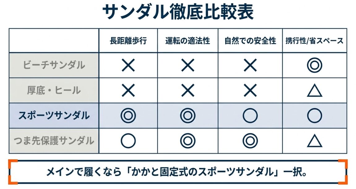 ビーチサンダル、厚底、スポーツサンダル、つま先保護サンダルの機能性を比較した表