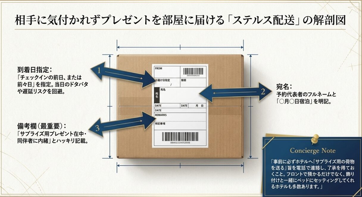 サプライズ用プレゼントを相手にバレずにホテルへ事前郵送するための、到着日指定や宛名、備考欄の具体的な書き方。