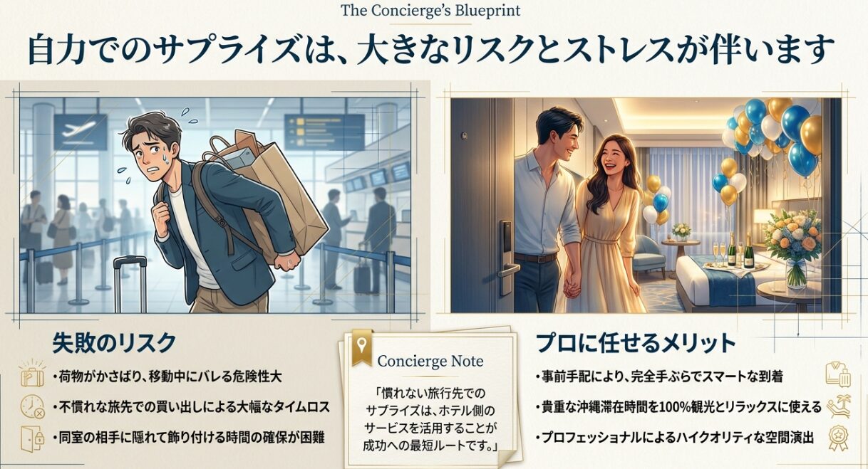 慣れない旅行先でのサプライズ準備のリスクと、ホテルの装飾サービス（プロ）を活用するメリットの比較。