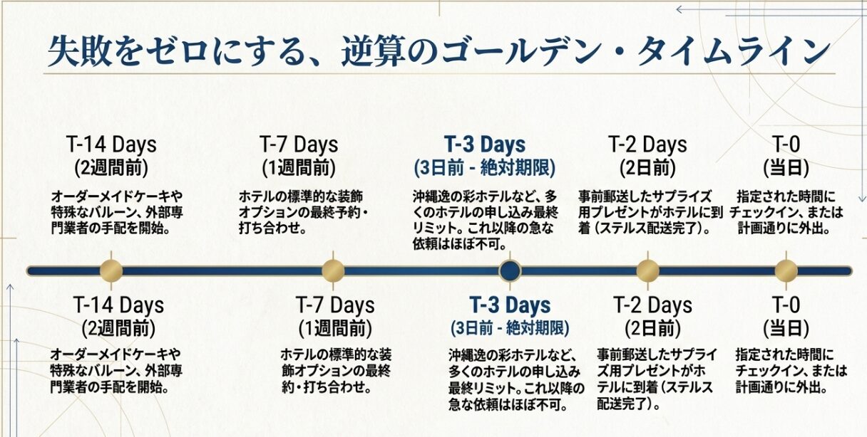 宿泊2週間前からのケーキ・業者手配、1週間前の打ち合わせ、3日前の最終予約リミットなど、サプライズ手配のスケジュール。