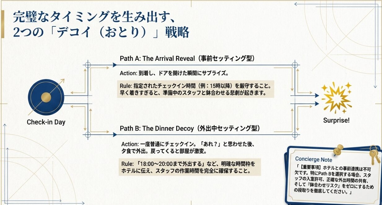 チェックイン時に驚かせる事前セッティング型と、ディナー等の外出中に飾る外出中セッティング型の2つのサプライズタイミング戦略。