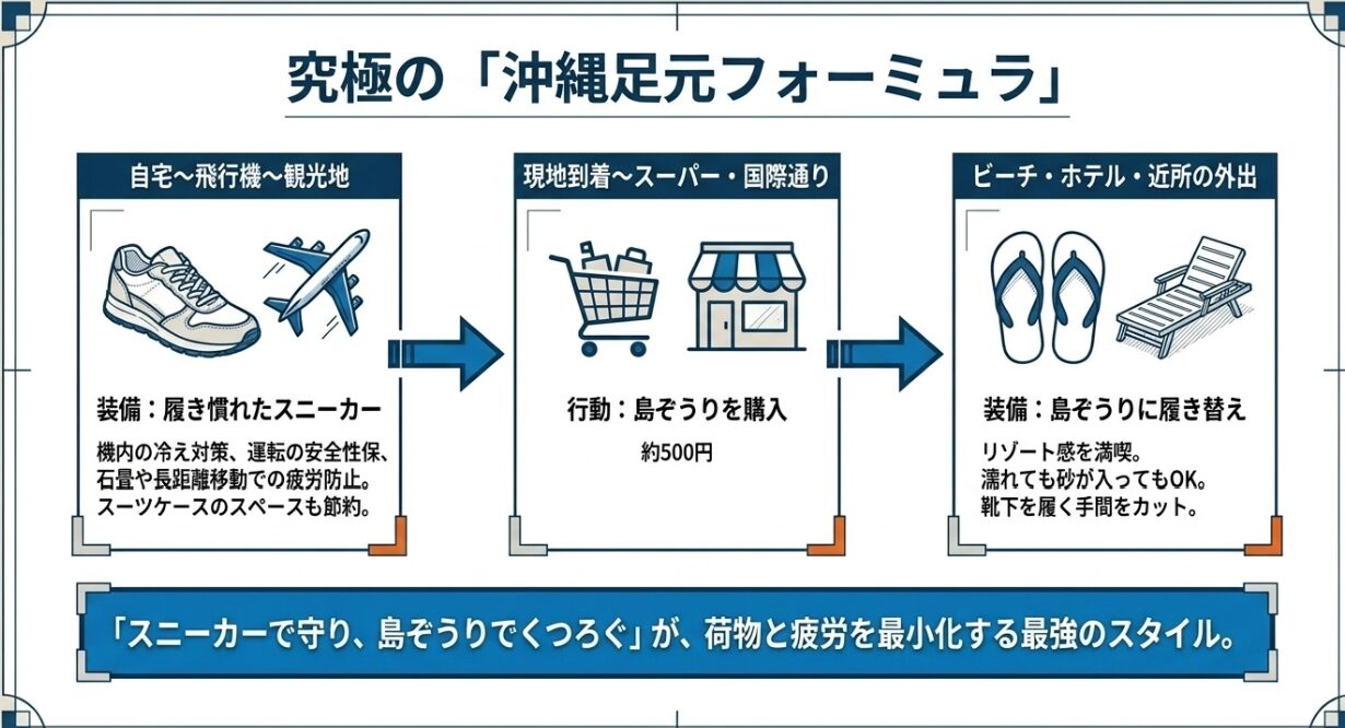 移動や観光時はスニーカー、海や近場では現地調達した島ぞうりを使うという使い分けのフロー図