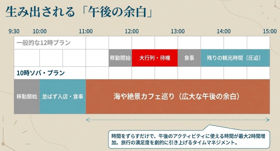 10時ソバ・プランで生み出される「午後の余白」。12時プランとのスケジュール比較